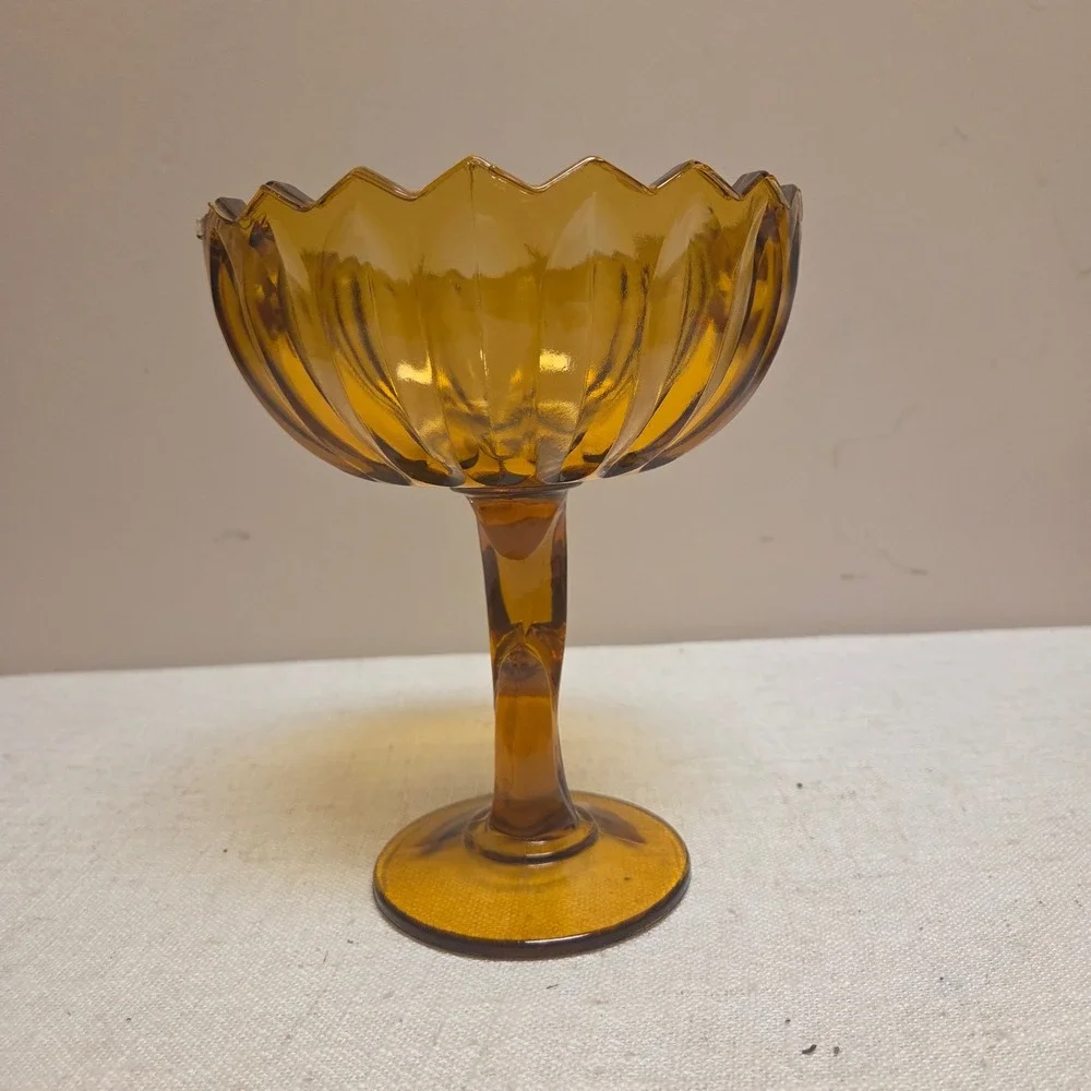 Vintage Amber Glass Compote Dish Pedestal Scalloped Rim Candy Bowl